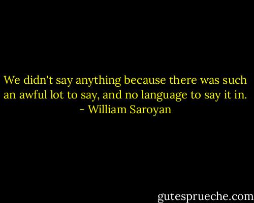 We didn't say anything because there was such an awful lot to say, and no language to say it in. - William Saroyan