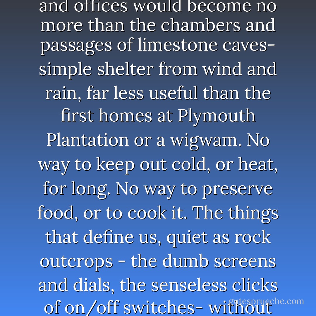 Time and task were both disorienting, for if you were to remove everything from our lives that depends on electricity to function, homes and offices would become no more than the chambers and passages of limestone caves- simple shelter from wind and rain, far less useful than the first homes at Plymouth Plantation or a wigwam. No way to keep out cold, or heat, for long. No way to preserve food, or to cook it. The things that define us, quiet as rock outcrops - the dumb screens and dials, the senseless clicks of on/off switches- without their purpose, they lose the measure of their beauty and we are left alone in the dark with countless useless things. - Jane Brox