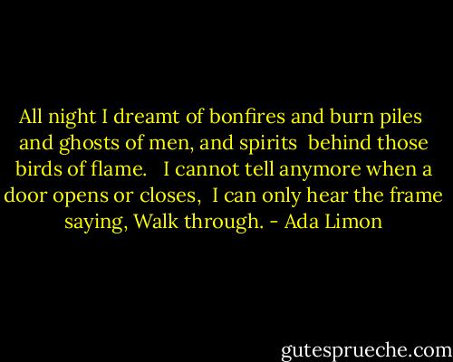 All night I dreamt of bonfires and burn piles <br />and ghosts of men, and spirits <br />behind those birds of flame. <br /><br />I cannot tell anymore when a door opens or closes, <br />I can only hear the frame saying, Walk through. - Ada Limon