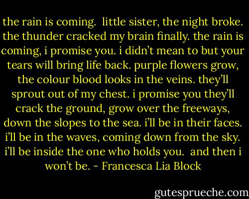 the rain is coming.<br /><br />little sister, the night broke. the thunder cracked my brain finally. the rain is coming, i promise you. i didn’t mean to but your tears will bring life back. purple flowers grow, the colour blood looks in the veins. they’ll sprout out of my chest. i promise you they’ll crack the ground, grow over the freeways, down the slopes to the sea. i’ll be in their faces. i’ll be in the waves, coming down from the sky. i’ll be inside the one who holds you.<br /><br />and then i won’t be. - Francesca Lia Block