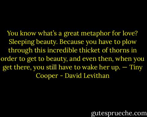 You know what’s a great metaphor for love? Sleeping beauty. Because you have to plow through this incredible thicket of thorns in order to get to beauty, and even then, when you get there, you still have to wake her up.<br />— Tiny Cooper - David Levithan