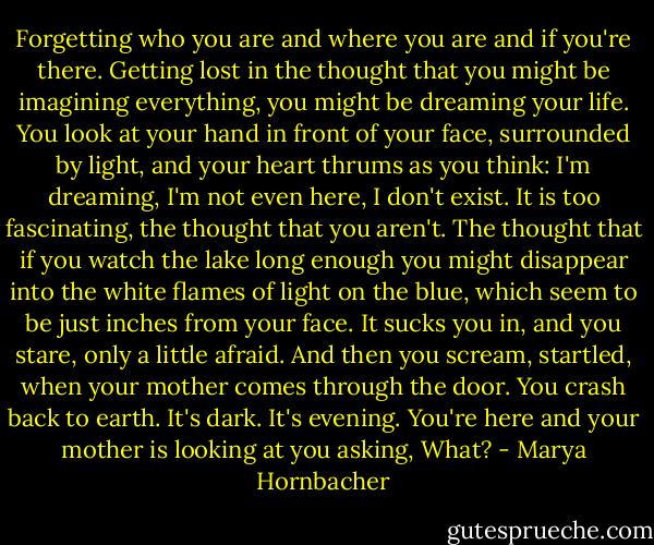 Forgetting who you are and where you are and if you're there. Getting lost in the thought that you might be imagining everything, you might be dreaming your life. You look at your hand in front of your face, surrounded by light, and your heart thrums as you think: I'm dreaming, I'm not even here, I don't exist. It is too fascinating, the thought that you aren't. The thought that if you watch the lake long enough you might disappear into the white flames of light on the blue, which seem to be just inches from your face. It sucks you in, and you stare, only a little afraid. And then you scream, startled, when your mother comes through the door. You crash back to earth. It's dark. It's evening. You're here and your mother is looking at you asking, What? - Marya Hornbacher