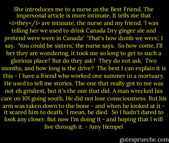 She introduces me to a nurse as the Best Friend. The impersonal article is more intimate. It tells me that <i>they</i> are intimate, the nurse and my friend.<br />'I was telling her we used to drink Canada Dry ginger ale and pretend were were in Canada' <br />'That's how dumb we were,' I say. <br />'You could be sisters,' the nurse says. <br />So how come, I'll bet they are wondering, it took me so long to get to such a glorious place? But do they ask? <br />They do not ask. <br />Two months, and how long is the drive? <br />The best I can explain it is this - I have a friend who worked one summer in a mortuary. He used to tell me stories. The one that really got to me was not eh grisliest, but it's the one that did. A man wrecked his care on 101 going south. He did not lose consciousness. But his arm was taken down to the bone - and when he looked at it - it scared him to death. <br />I mean, he died. <br />So I hadn't dared to look any closer. But now I'm doing it - and hoping that I will live through it. - Amy Hempel