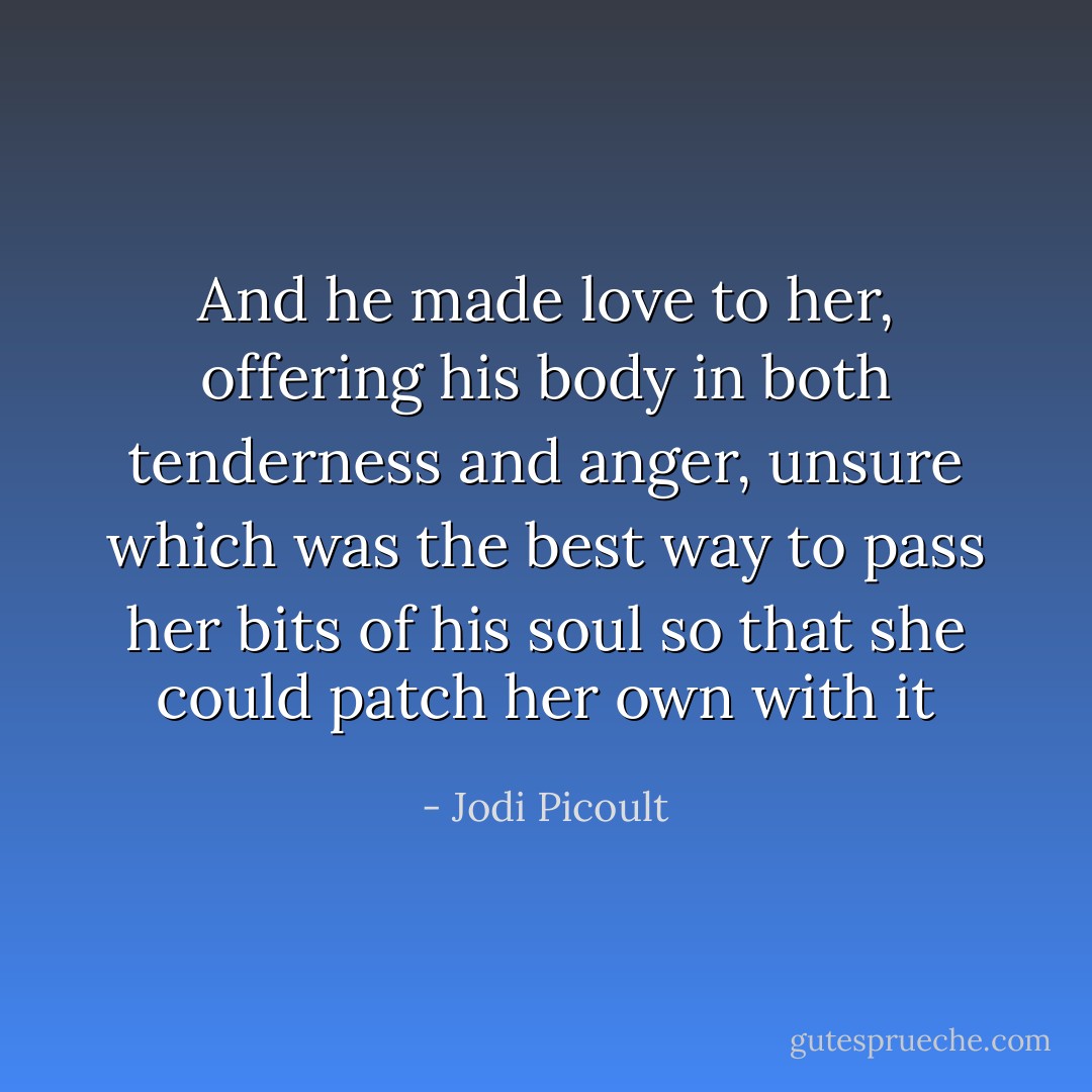 And he made love to her, offering his body in both tenderness and anger, unsure which was the best way to pass her bits of his soul so that she could patch her own with it - Jodi Picoult
