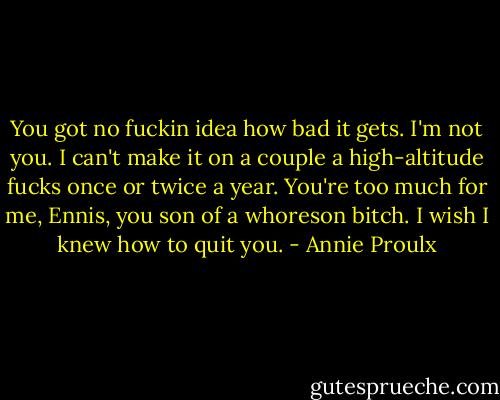 You got no fuckin idea how bad it gets. I'm not you. I can't make it on a couple a high-altitude fucks once or twice a year. You're too much for me, Ennis, you son of a whoreson bitch. I wish I knew how to quit you. - Annie Proulx