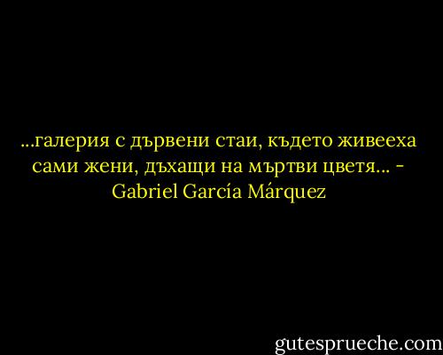...галерия с дървени стаи, където живееха сами жени, дъхащи на мъртви цветя... - Gabriel García Márquez