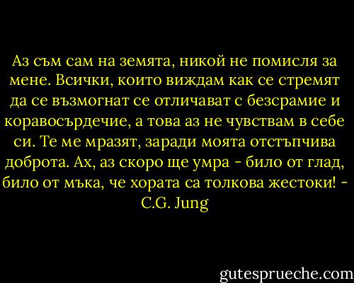 Аз съм сам на земята, никой не помисля за мене. Всички, които виждам как се стремят да се възмогнат се отличават с безсрамие и коравосърдечие, а това аз не чувствам в себе си. Те ме мразят, заради моята отстъпчива доброта. Ах, аз скоро ще умра - било от глад, било от мъка, че хората са толкова жестоки! - C.G. Jung