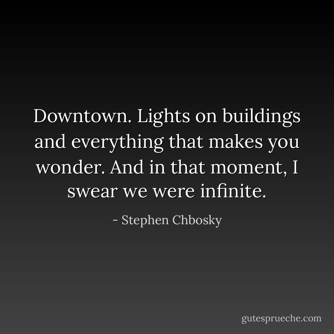 Downtown. Lights on buildings and everything that makes you wonder. And in that moment, I swear we were infinite. - Stephen Chbosky