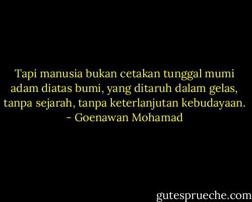 Tapi manusia bukan cetakan tunggal mumi adam diatas bumi, yang ditaruh dalam gelas, tanpa sejarah, tanpa keterlanjutan kebudayaan. - Goenawan Mohamad