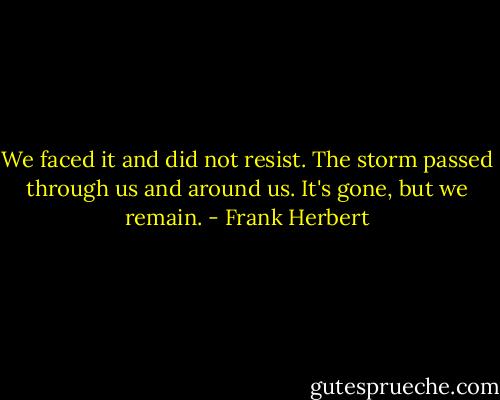 We faced it and did not resist. The storm passed through us and around us. It's gone, but we remain. - Frank Herbert