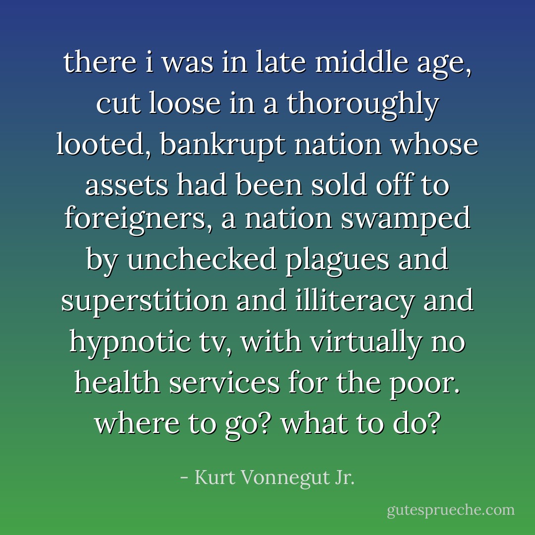 there i was in late middle age, cut loose in a thoroughly looted, bankrupt nation whose assets had been sold off to foreigners, a nation swamped by unchecked plagues and superstition and illiteracy and hypnotic tv, with virtually no health services for the poor. where to go? what to do? - Kurt Vonnegut Jr.