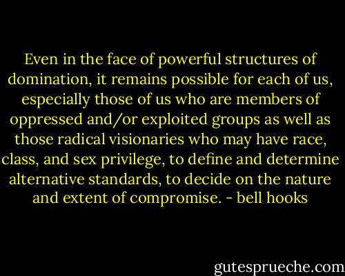 Even in the face of powerful structures of domination, it remains possible for each of us, especially those of us who are members of oppressed and/or exploited groups as well as those radical visionaries who may have race, class, and sex privilege, to define and determine alternative standards, to decide on the nature and extent of compromise. - bell hooks