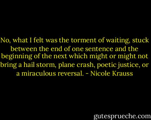 No, what I felt was the torment of waiting, stuck between the end of one sentence and the beginning of the next which might or might not bring a hail storm, plane crash, poetic justice, or a miraculous reversal. - Nicole Krauss