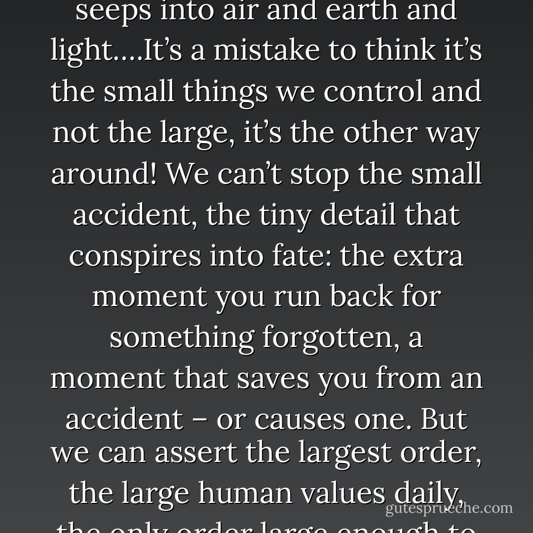 The spirit in the body is like wine in a glass; when it spills, it seeps into air and earth and light….It’s a mistake to think it’s the small things we control and not the large, it’s the other way around! We can’t stop the small accident, the tiny detail that conspires into fate: the extra moment you run back for something forgotten, a moment that saves you from an accident – or causes one. But we can assert the largest order, the large human values daily, the only order large enough to see. - Anne Michaels