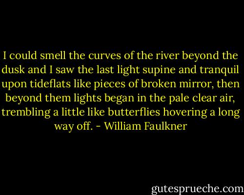 I could smell the curves of the river beyond the dusk and I saw the last light supine and tranquil upon tideflats like pieces of broken mirror, then beyond them lights began in the pale clear air, trembling a little like butterflies hovering a long way off. - William Faulkner