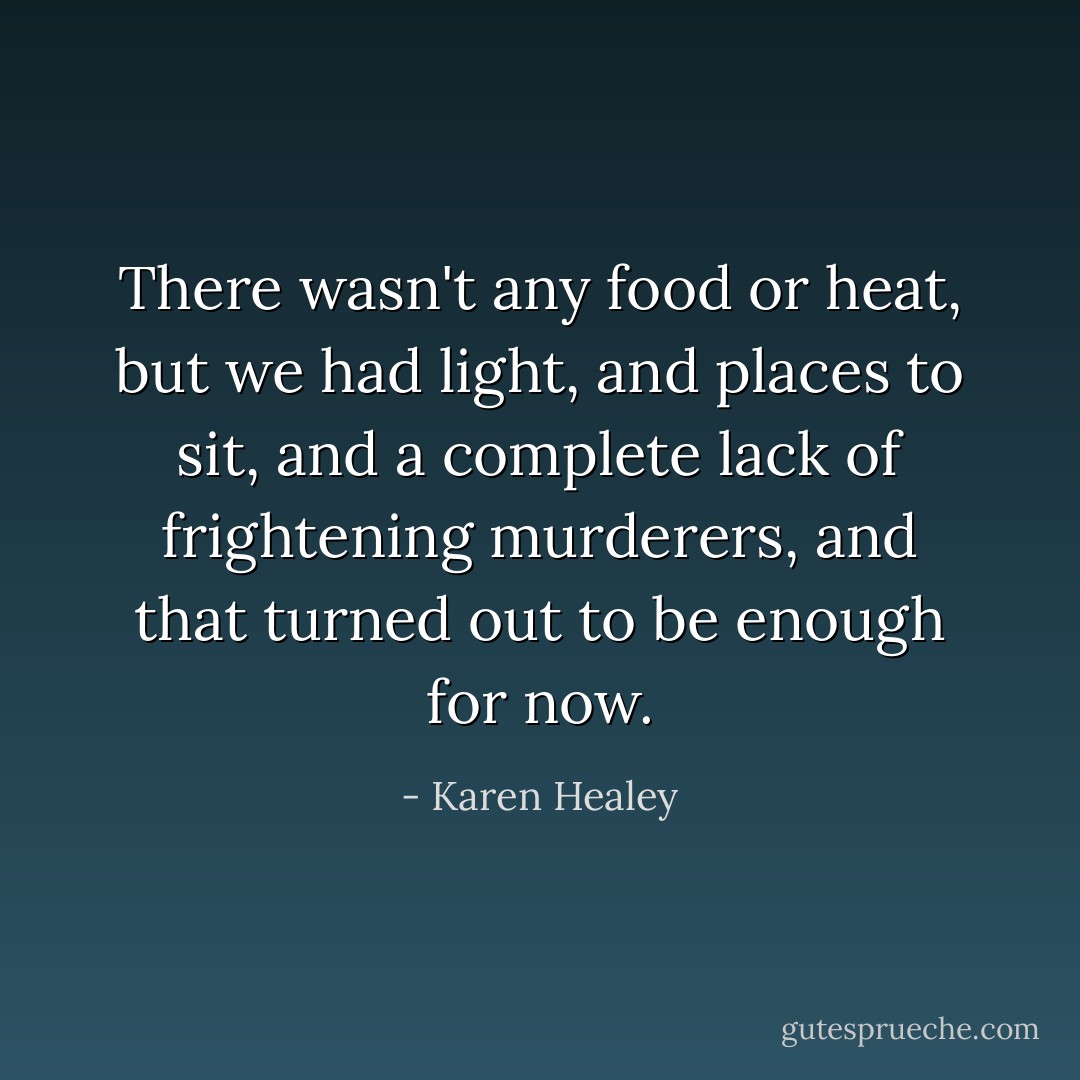 There wasn't any food or heat, but we had light, and places to sit, and a complete lack of frightening murderers, and that turned out to be enough for now. - Karen Healey