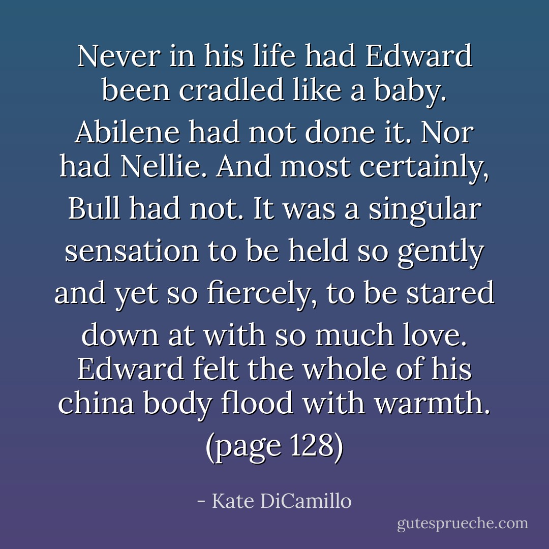 Never in his life had Edward been cradled like a baby. Abilene had not done it. Nor had Nellie. And most certainly, Bull had not. It was a singular sensation to be held so gently and yet so fiercely, to be stared down at with so much love. Edward felt the whole of his china body flood with warmth. (page 128) - Kate DiCamillo