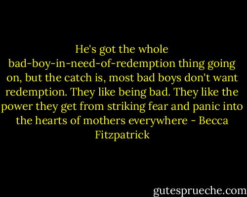 He's got the whole bad-boy-in-need-of-redemption thing going on, but the catch is, most bad boys don't want redemption. They like being bad. They like the power they get from striking fear and panic into the hearts of mothers everywhere - Becca Fitzpatrick