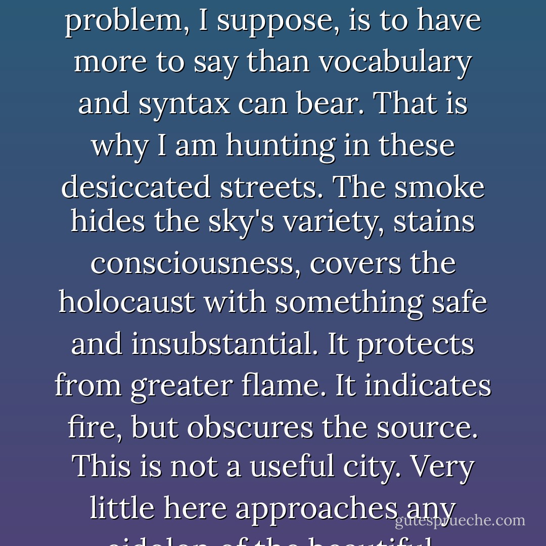 There is no articulate resonance. The common problem, I suppose, is to have more to say than vocabulary and syntax can bear. That is why I am hunting in these desiccated streets. The smoke hides the sky's variety, stains consciousness, covers the holocaust with something safe and insubstantial. It protects from greater flame. It indicates fire, but obscures the source. This is not a useful city. Very little here approaches any eidolon of the beautiful. - Samuel R. Delany