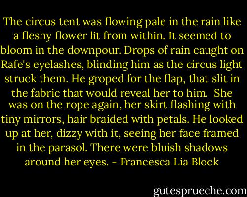 The circus tent was flowing pale in the rain like a fleshy flower lit from within. It seemed to bloom in the downpour. Drops of rain caught on Rafe's eyelashes, blinding him as the circus light struck them. He groped for the flap, that slit in the fabric that would reveal her to him.<br /><br />She was on the rope again, her skirt flashing with tiny mirrors, hair braided with petals. He looked up at her, dizzy with it, seeing her face framed in the parasol. There were bluish shadows around her eyes. - Francesca Lia Block