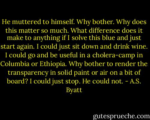 He muttered to himself. Why bother. Why does this matter so much. What difference does it make to anything if I solve this blue and just start again. I could just sit down and drink wine. I could go and be useful in a cholera-camp in Columbia or Ethiopia. Why bother to render the transparency in solid paint or air on a bit of board? I could just stop. He could not. - A.S. Byatt