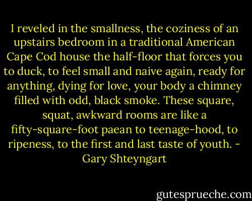 I reveled in the smallness, the coziness of an upstairs bedroom in a traditional American Cape Cod house the half-floor that forces you to duck, to feel small and naive again, ready for anything, dying for love, your body a chimney filled with odd, black smoke. These square, squat, awkward rooms are like a fifty-square-foot paean to teenage-hood, to ripeness, to the first and last taste of youth. - Gary Shteyngart