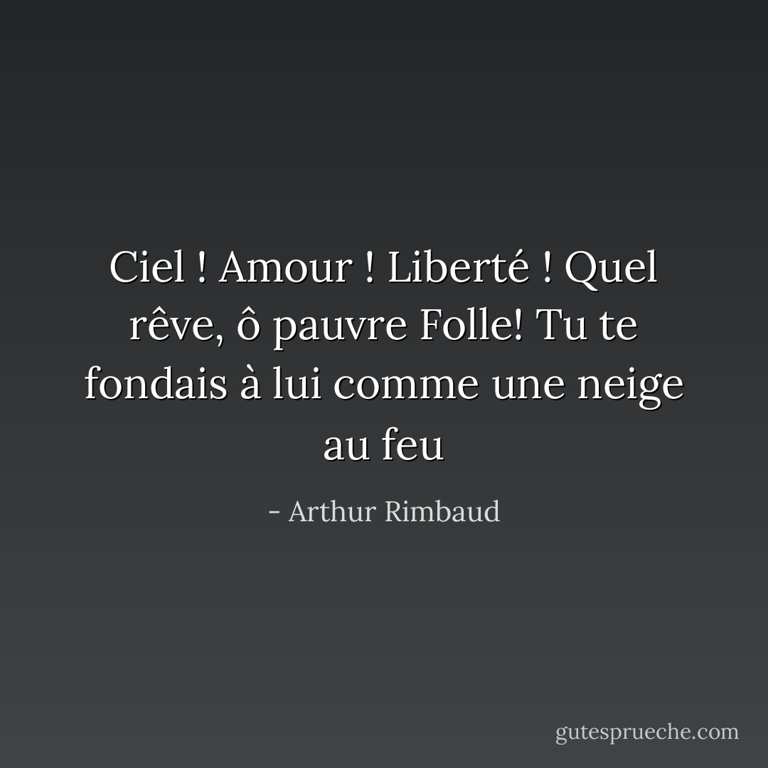 Ciel ! Amour ! Liberté ! Quel rêve, ô pauvre Folle!<br />Tu te fondais à lui comme une neige au feu - Arthur Rimbaud