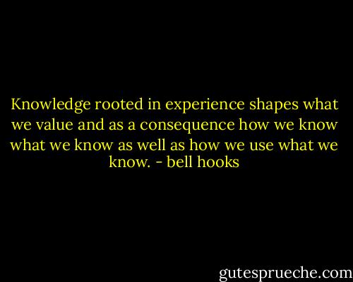 Knowledge rooted in experience shapes what we value and as a consequence how we know what we know as well as how we use what we know. - bell hooks