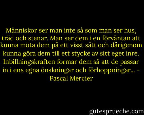 Människor ser man inte så som man ser hus, träd och stenar. Man ser dem i en förväntan att kunna möta dem på ett visst sätt och därigenom kunna göra dem till ett stycke av sitt eget inre. Inbillningskraften formar dem så att de passar in i ens egna önskningar och förhoppningar... - Pascal Mercier