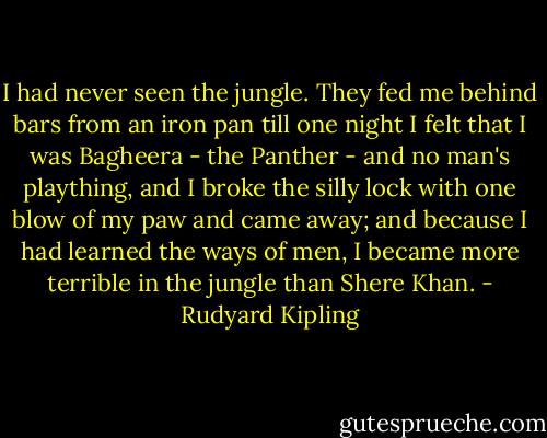 I had never seen the jungle. They fed me behind bars from an iron pan till one night I felt that I was Bagheera - the Panther - and no man's plaything, and I broke the silly lock with one blow of my paw and came away; and because I had learned the ways of men, I became more terrible in the jungle than Shere Khan. - Rudyard Kipling