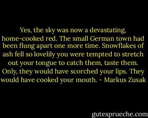 Yes, the sky was now a devastating, home-cooked red. The small German town had been flung apart one more time. Snowflakes of ash fell so lovelily you were tempted to stretch out your tongue to catch them, taste them. Only, they would have scorched your lips. They would have cooked your mouth. - Markus Zusak