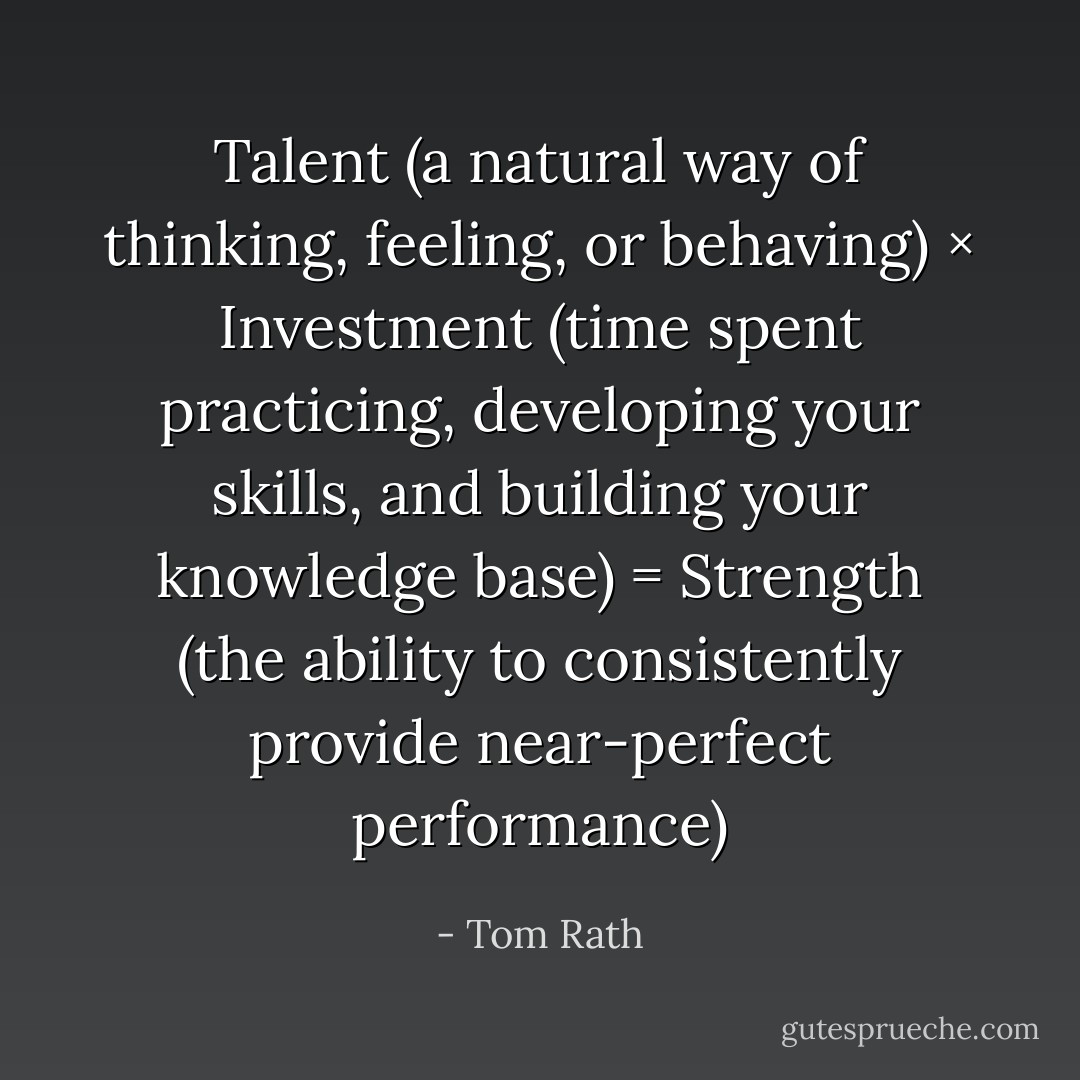 Talent (a natural way of thinking, feeling, or behaving) × Investment (time spent practicing, developing your skills, and building your knowledge base) = Strength (the ability to consistently provide near-perfect performance) - Tom Rath