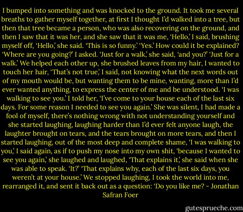 I bumped into something and was knocked to the ground. It took me several breaths to gather myself together, at first I thought I’d walked into a tree, but then that tree became a person, who was also recovering on the ground, and then I saw that it was her, and she saw that it was me, ‘Hello,’ I said, brushing myself off, ‘Hello,’ she said. ‘This is so funny.’ ‘Yes.’ How could it be explained? ‘Where are you going?’ I asked. ‘Just for a walk,’ she said, ‘and you?’ ‘Just for a walk.’ We helped each other up, she brushed leaves from my hair, I wanted to touch her hair, ‘That’s not true,’ I said, not knowing what the next words out of my mouth would be, but wanting them to be mine, wanting, more than I’d ever wanted anything, to express the center of me and be understood. ‘I was walking to see you.’ I told her, ‘I’ve come to your house each of the last six days. For some reason I needed to see you again.’ She was silent, I had made a fool of myself, there’s nothing wrong with not understanding yourself and she started laughing, laughing harder than I’d ever felt anyone laugh, the laughter brought on tears, and the tears brought on more tears, and then I started laughing, out of the most deep and complete shame, ‘I was walking to you,’ I said again, as if to push my nose into my own shit, ‘because I wanted to see you again,’ she laughed and laughed, ‘That explains it,’ she said when she was able to speak. ‘It?’ ‘That explains why, each of the last six days, you weren’t at your house.’ We stopped laughing, I took the world into me, rearranged it, and sent it back out as a question: ‘Do you like me? - Jonathan Safran Foer