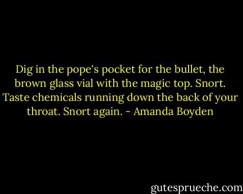 Dig in the pope's pocket for the bullet, the brown glass vial with the magic top. Snort. Taste chemicals running down the back of your throat. Snort again. - Amanda Boyden