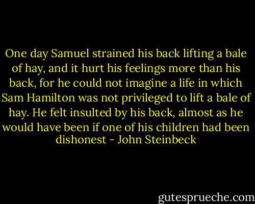 One day Samuel strained his back lifting a bale of hay, and it hurt his feelings more than his back, for he could not imagine a life in which Sam Hamilton was not privileged to lift a bale of hay. He felt insulted by his back, almost as he would have been if one of his children had been dishonest - John Steinbeck