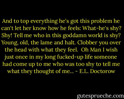 And to top everything he's got this problem he can't let her know how he feels: What-he's shy? Shy! Tell me who in this goddamn world is shy? Young, old, the lame and halt. Clobber you over the head with what they feel. <br />Oh Man I wish just once in my long fucked-up life someone had come up to me who was too shy to tell me what they thought of me... - E.L. Doctorow