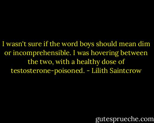 I wasn't sure if the word boys should mean dim or incomprehensible. I was hovering between the two, with a healthy dose of testosterone-poisoned. - Lilith Saintcrow