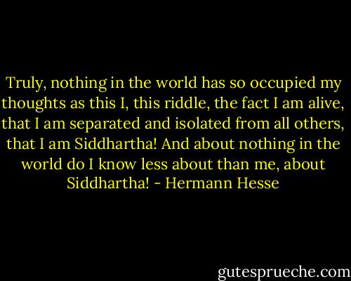 Truly, nothing in the world has so occupied my thoughts as this I, this riddle, the fact I am alive, that I am separated and isolated from all others, that I am Siddhartha! And about nothing in the world do I know less about than me, about Siddhartha! - Hermann Hesse