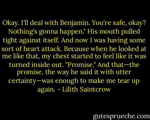Okay. I'll deal with Benjamin. You're safe, okay? Nothing's gonna happen." His mouth pulled tight against itself. And now I was having some sort of heart attack. Because when he looked at me like that, my chest started to feel like it was turned inside out. "Promise."<br />And that—the promise, the way he said it with utter certainty—was enough to make me tear up again. - Lilith Saintcrow