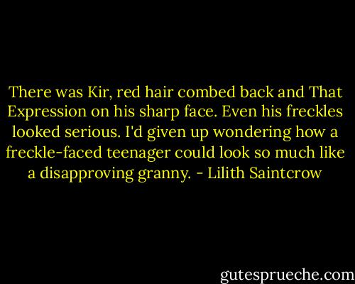There was Kir, red hair combed back and That Expression on his sharp face. Even his freckles looked serious. I'd given up wondering how a freckle-faced teenager could look so much like a disapproving granny. - Lilith Saintcrow