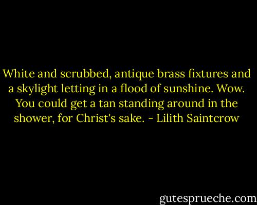 White and scrubbed, antique brass fixtures and a skylight letting in a flood of sunshine. Wow. You could get a tan standing around in the shower, for Christ's sake. - Lilith Saintcrow