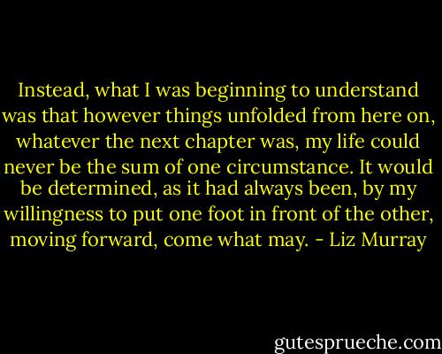 Instead, what I was beginning to understand was that however things unfolded from here on, whatever the next chapter was, my life could never be the sum of one circumstance. It would be determined, as it had always been, by my willingness to put one foot in front of the other, moving forward, come what may. - Liz Murray