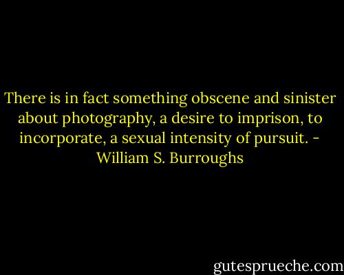 There is in fact something obscene and sinister about photography, a desire to imprison, to incorporate, a sexual intensity of pursuit. - William S. Burroughs