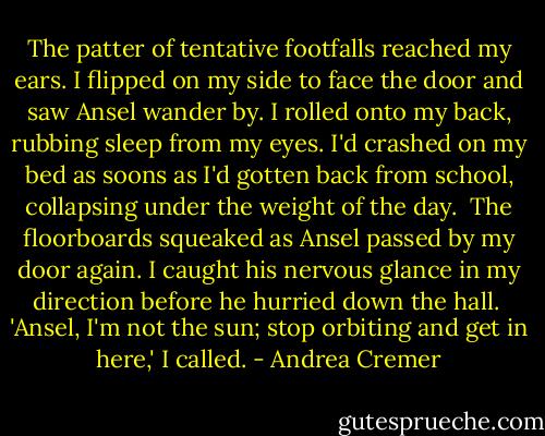 The patter of tentative footfalls reached my ears. I flipped on my side to face the door and saw Ansel wander by. I rolled onto my back, rubbing sleep from my eyes. I'd crashed on my bed as soons as I'd gotten back from school, collapsing under the weight of the day.<br /> The floorboards squeaked as Ansel passed by my door again. I caught his nervous glance in my direction before he hurried down the hall.<br /> 'Ansel, I'm not the sun; stop orbiting and get in here,' I called. - Andrea Cremer
