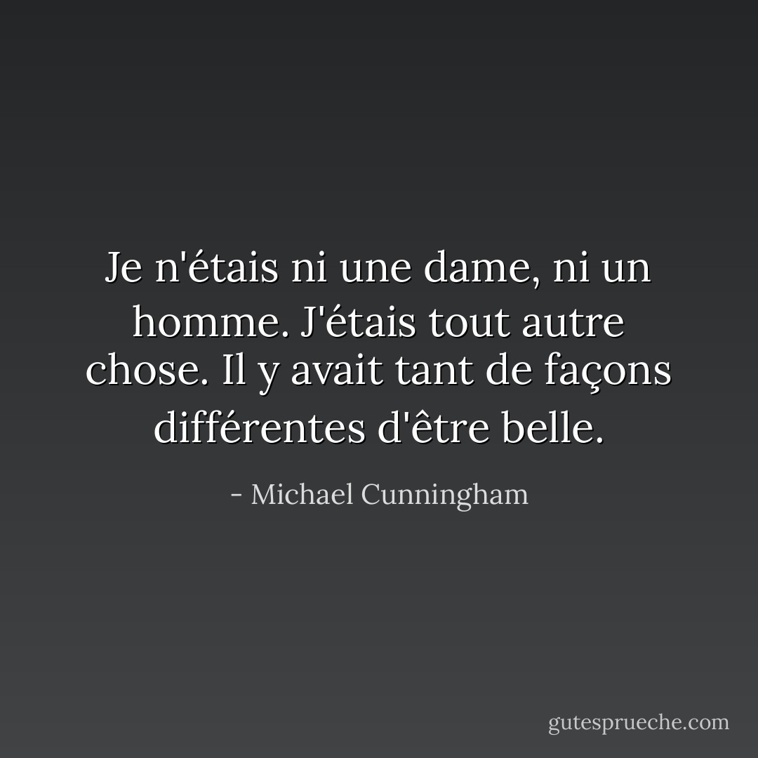 Je n'étais ni une dame, ni un homme. J'étais tout autre chose. Il y avait tant de façons différentes d'être belle. - Michael Cunningham