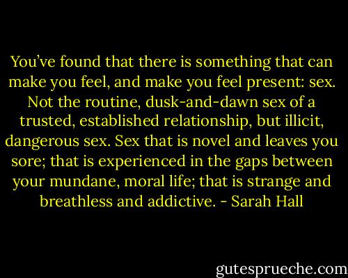 You’ve found that there is something that can make you feel, and make you feel present: sex. Not the routine, dusk-and-dawn sex of a trusted, established relationship, but illicit, dangerous sex. Sex that is novel and leaves you sore; that is experienced in the gaps between your mundane, moral life; that is strange and breathless and addictive. - Sarah Hall