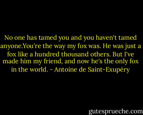 No one has tamed you and you haven't tamed anyone.You're the way my fox was. He was just a fox like a hundred thousand others. But I've made him my friend, and now he's the only fox in the world. - Antoine de Saint-Exupéry
