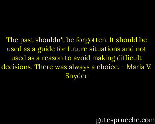 The past shouldn't be forgotten. It should be used as a guide for future situations and not used as a reason to avoid making difficult decisions. There was always a choice. - Maria V. Snyder