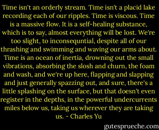 Time isn't an orderly stream. Time isn't a placid lake recording each of our ripples. Time is viscous. Time is a massive flow. It is a self-healing substance, which is to say, almost everything will be lost. We're too slight, to inconsequntial, despite all of our thrashing and swimming and waving our arms about. Time is an ocean of inertia, drowning out the small vibrations, absorbing the slosh and churn, the foam and wash, and we're up here, flapping and slapping and just generally spazzing out, and sure, there's a little splashing on the surface, but that doesn't even register in the depths, in the powerful undercurrents miles below us, taking us wherever they are taking us. - Charles Yu