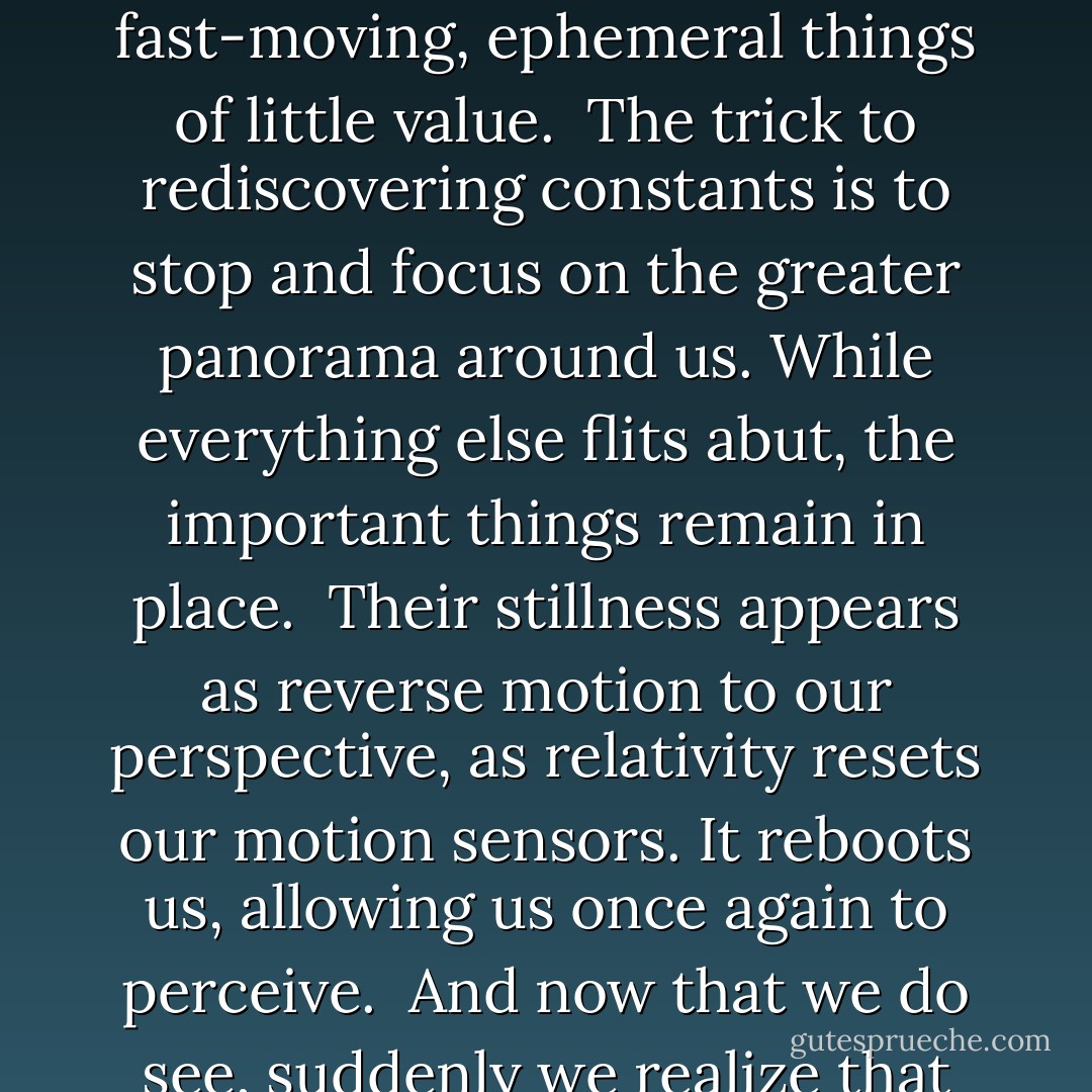 We are all glorified motion sensors.<br /><br />Some things only become visible to us when they undergo change.<br /><br />We take for granted all the constant, fixed things, and eventually stop paying any attention to them. At the same time we observe and obsess over small, fast-moving, ephemeral things of little value.<br /><br />The trick to rediscovering constants is to stop and focus on the greater panorama around us. While everything else flits abut, the important things remain in place.<br /><br />Their stillness appears as reverse motion to our perspective, as relativity resets our motion sensors. It reboots us, allowing us once again to perceive.<br /><br />And now that we do see, suddenly we realize that those still things are not so motionless after all. They are simply gliding with slow individualistic grace against the backdrop of the immense universe.<br /><br />And it takes a more sensitive motion instrument to track this. - Vera Nazarian